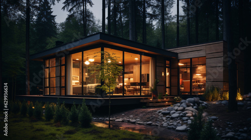 Contemporary Luxurious Villa Exterior in Minimalist Design. Glass-Encased Cottage Nestled in Woods during Nighttime. Modern Cabin-Style House Tucked in Deep Forest. © Nico Vincentini