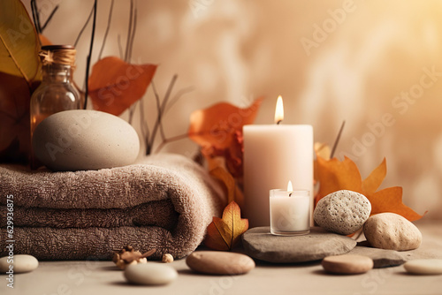 Autumn spa scene with candles, stones and towel, in earthy tones. 