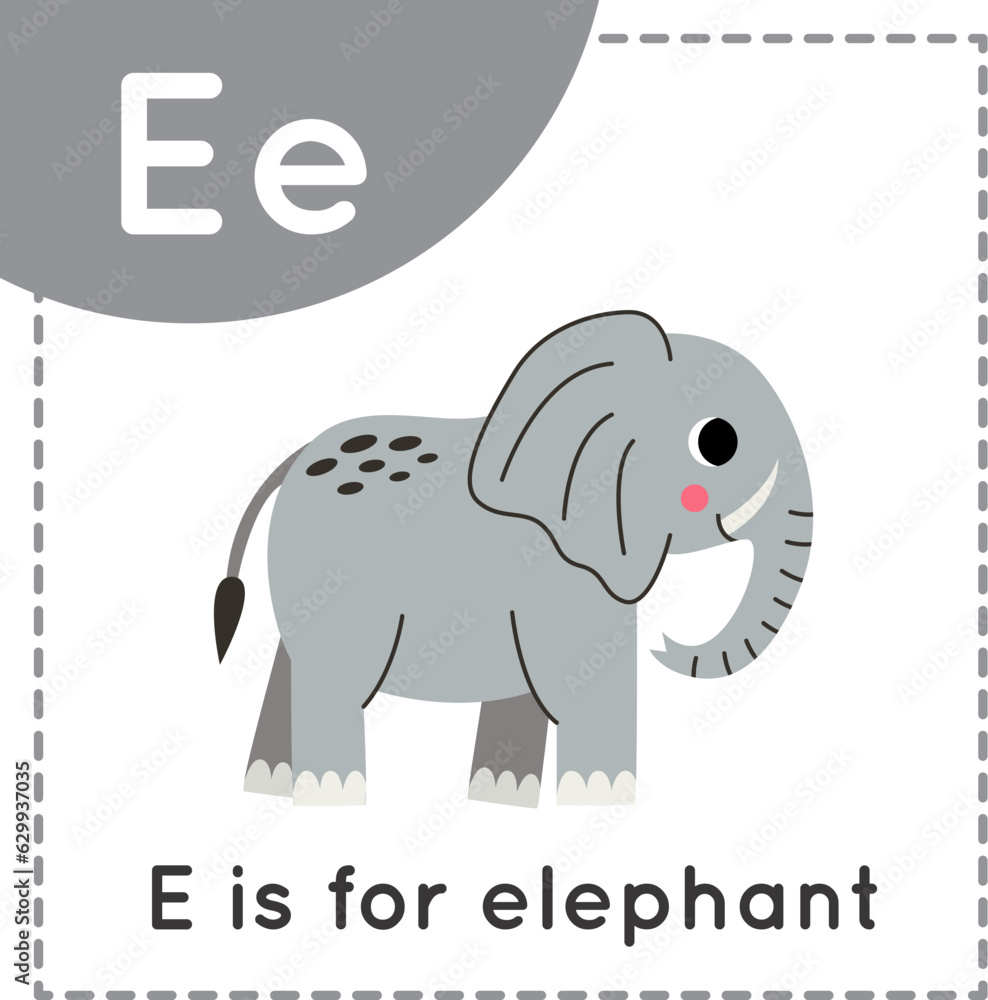 Obraz premium Learning English alphabet for kids. Letter E. Cute cartoon elephant.
