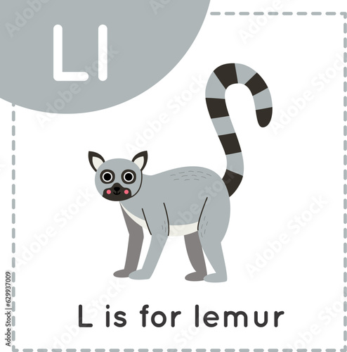 Photos Learning English alphabet for kids. Letter L. Cute cartoon lemur.