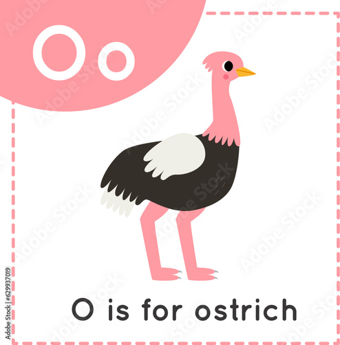 Learning English alphabet for kids. Letter O. Cute cartoon ostrich.