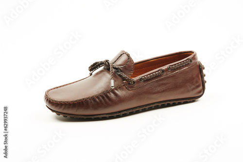 Handmade men's leather moccasins, loafers on an isolated white background. 