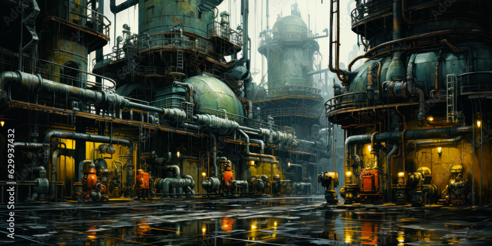 Old dirty pipes and reservoirs in the industrial plant. Factory zone from outside. Generative AI. Old dirty pipes and reservoirs in the industrial plant. Factory zone from outside. Generative AI.