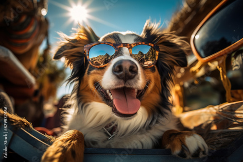 Happy dog with sunglasses sitting in car trunk ready for a vacation trip on the beach.