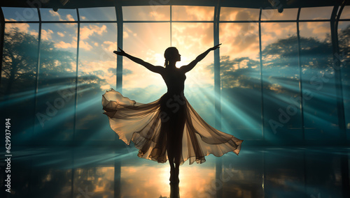 Fotografia Silhouette of a ballerina dancing by the window against sunset light
