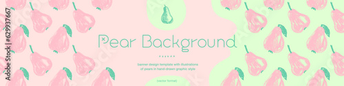 Wildlife-friendly growing fruits idea. Vector fruit label template. Vegan banner, honey pear background. Drawings of green pears pattern seamless. Baby food packaging, juice, jam. Organic gardening.