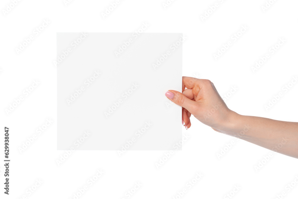 Woman's hand showing white paper banner isolated on white Woman's hand showing white paper banner isolated on white