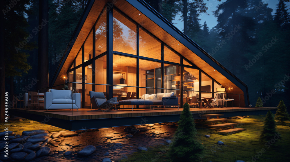 Contemporary Luxurious Villa Exterior in Minimalist Design. Glass-Encased Cottage Nestled in Woods during Nighttime. Modern Cabin-Style House Tucked in Deep Forest. Contemporary Luxurious Villa Exterior in Minimalist Design. Glass-Encased Cottage Nestled in Woods during Nighttime. Modern Cabin-Style House Tucked in Deep Forest.