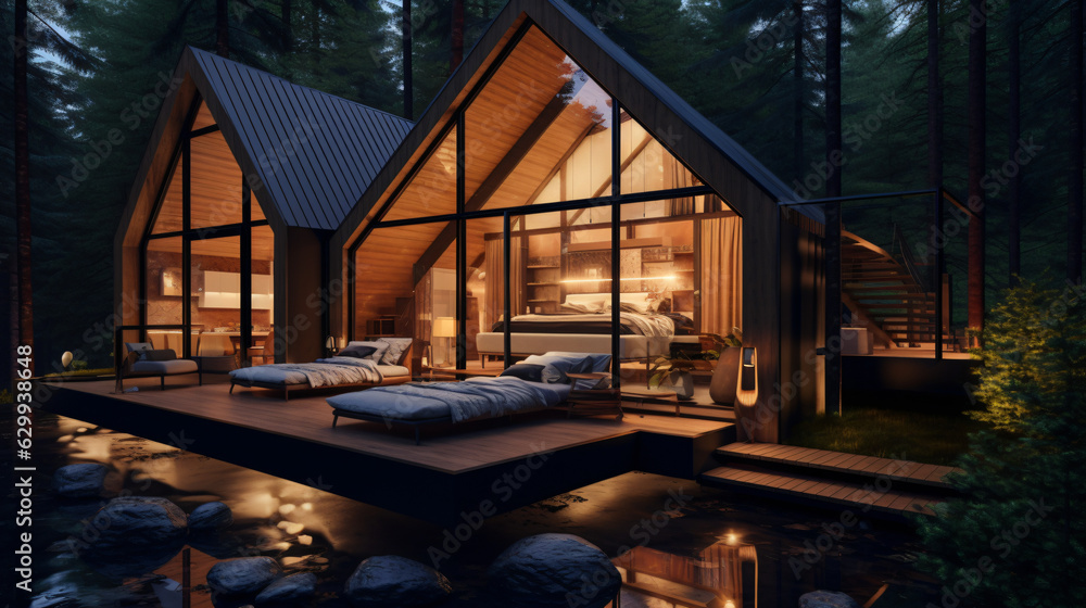 Fototapeta premium Contemporary Luxurious Villa Exterior in Minimalist Design. Glass-Encased Cottage Nestled in Woods during Nighttime. Modern Cabin-Style House Tucked in Deep Forest.