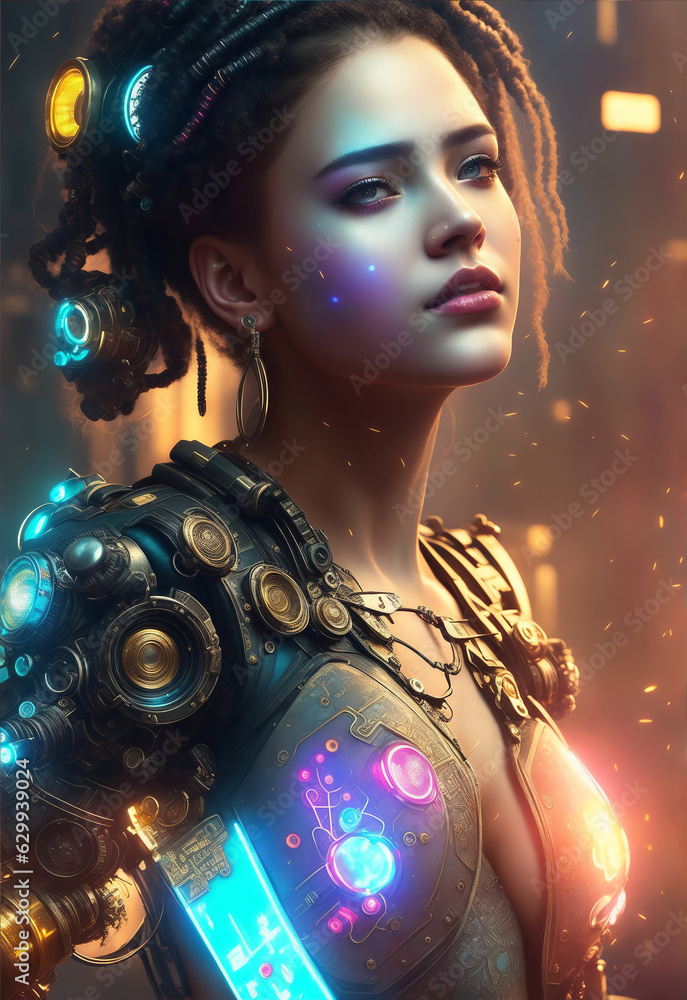Illustration of beautiful young Cyberpunk Woman with long dark ...