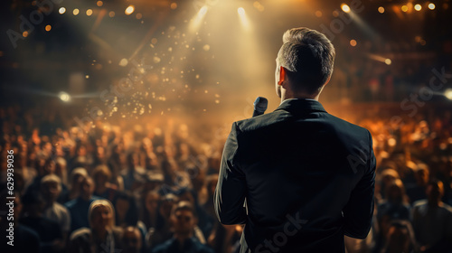 Back view of motivational male or female speaker standing on stage in front of audience for motivation speech on conference or business event.