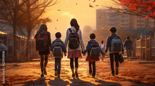 Back to School of Mother and kids holding hands going to school