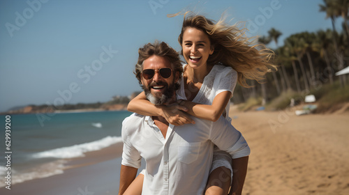 Couple enjoys at the beach, piggyback ride Generative AI © kitti