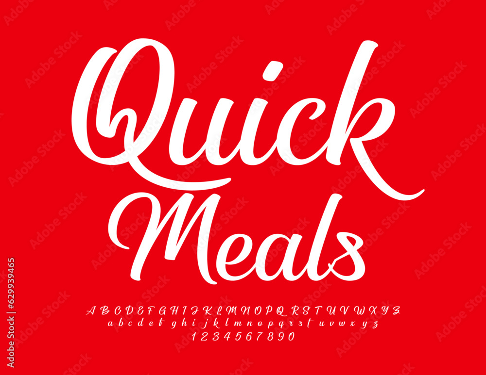 Vector advertising logo Quick Meals. Calligraphic Alphabet Letters and Numbers set. White cursive Font