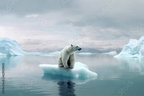 White polar bear sitting on melting ice floe glacier at arctic sea that facing to Global Warming situation, save the world form pollution concept, climate change, with Generative Ai.