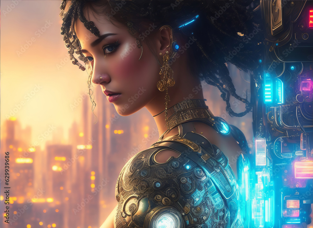 Illustration of beautiful young Cyberpunk Woman with long brown hair ...