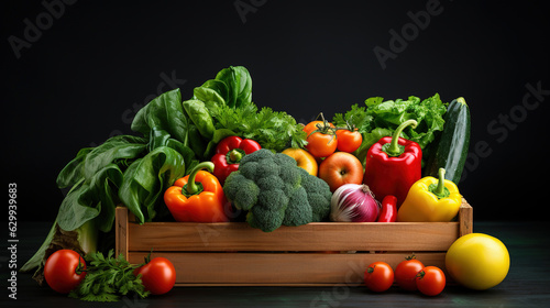 A Wooden Box with full fresh vegetables. Healthy eating concept.