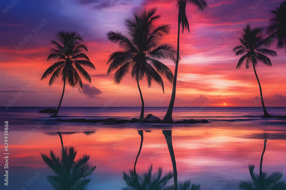 Tropical Tranquility: Sunset Serenade by the Palm Beach Tree.
Generative AI