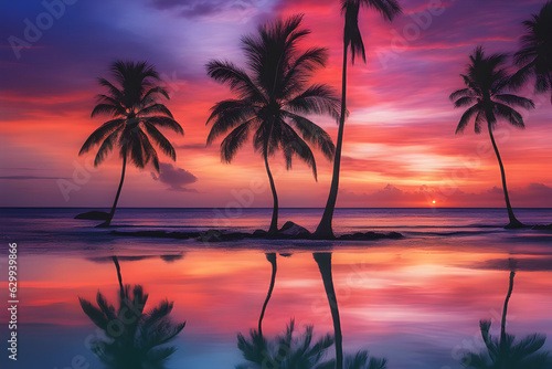 Tropical Tranquility  Sunset Serenade by the Palm Beach Tree. Generative AI