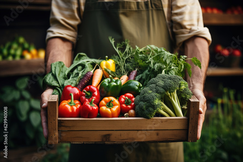 Organic vegetables and healthy lifestyle concept. Male organic farmer standing in a vegetable field holding a wooden box of beautiful freshly picked vegetables