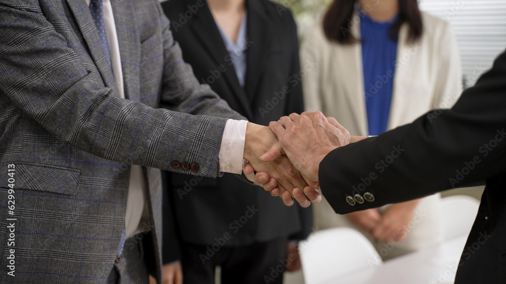 closeup with cropped shot two businesspeople having handshake with both hands after negotiation. agreement and partnership concept closeup with cropped shot two businesspeople having handshake with both hands after negotiation. agreement and partnership concept