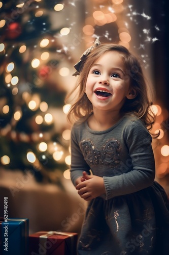 excited little girl waiting near the Christmas tree, happily