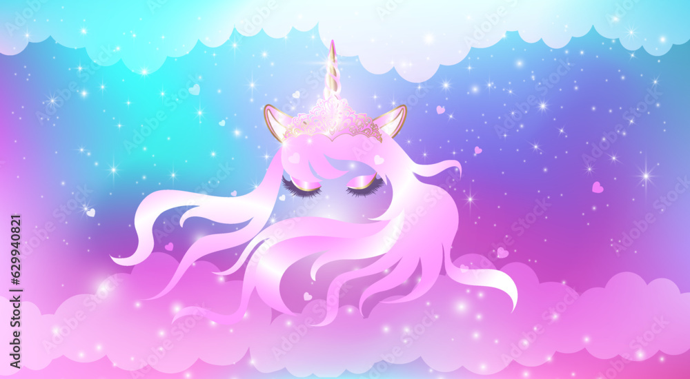 Face of a unicorn in a crown with closed eyes.