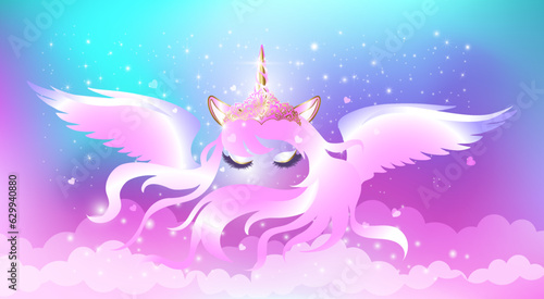 Face of a unicorn with closed eyes with stars.