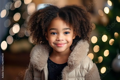 excited little black girl at home near the Christmas tree, happily