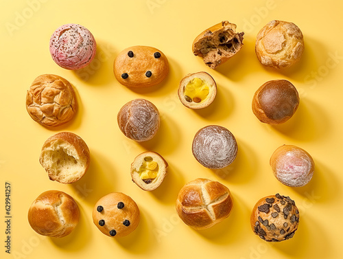 Bread assortment isolated on yellow background. Fresh bread with sesame seeds.