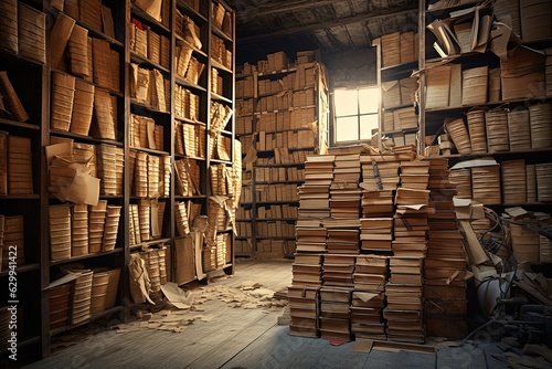Large warehouse of archival documents. Folders and account books collect dust in large cabinets.
