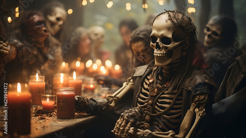 Zombies party on Halloween. Generative AI © Kateryna Kordubailo