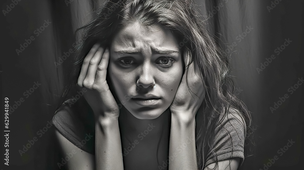 monochrome portrait of a sad depressed young woman, made with Generative AI monochrome portrait of a sad depressed young woman, made with Generative AI