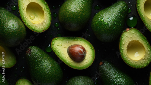 Top view of delicious avocados with water drops background