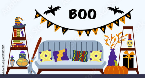 Living room with a sofa and a wardrobe is decorated for  autumn holidays. Horizontal postcard, banner for Halloween. Concept of an interior decorator for a celebration. Illustration in a flat style.