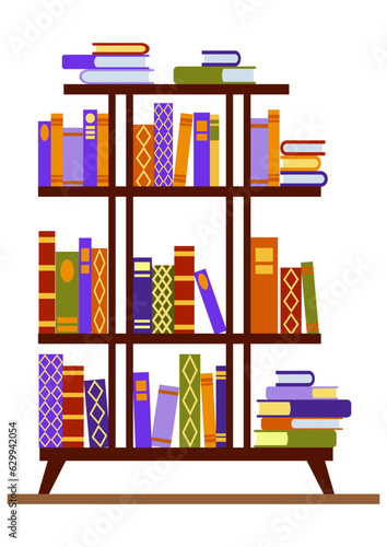 Cabinet with vintage books, isolated on a white background. Vector illustration of bookshelves with old books in a flat cartoon style.