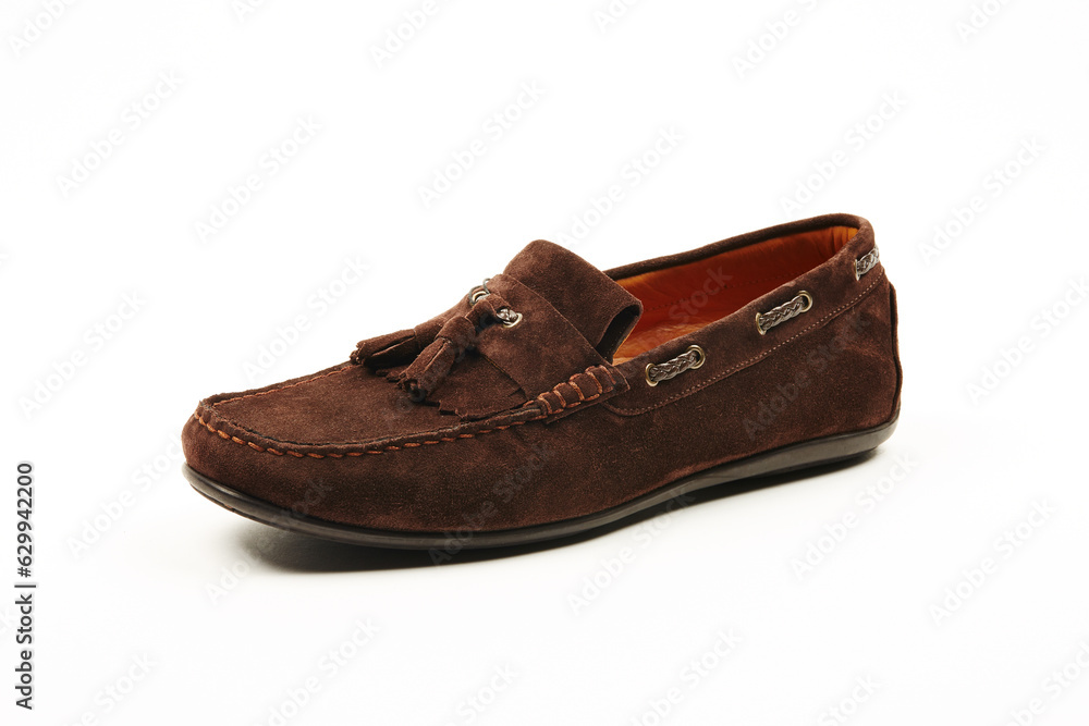 Handmade men's leather moccasins, loafers isolated white background. Handmade men's leather moccasins, loafers isolated white background.