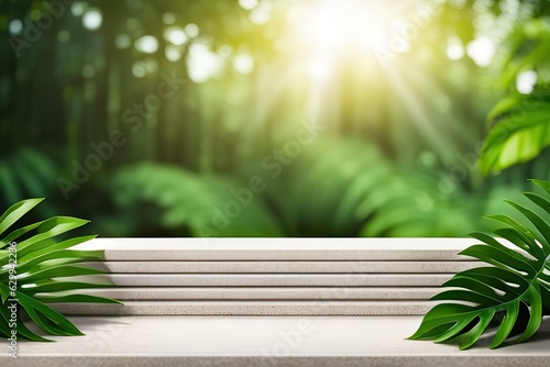 Flat stone podium in magical forest illustration  empty stand background