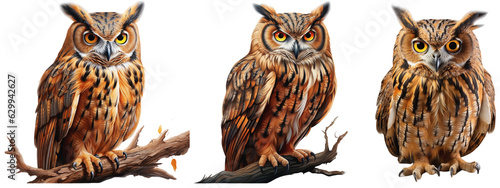 Illustrations of a sitting owl on a branch on a transparent background, generative AI photo