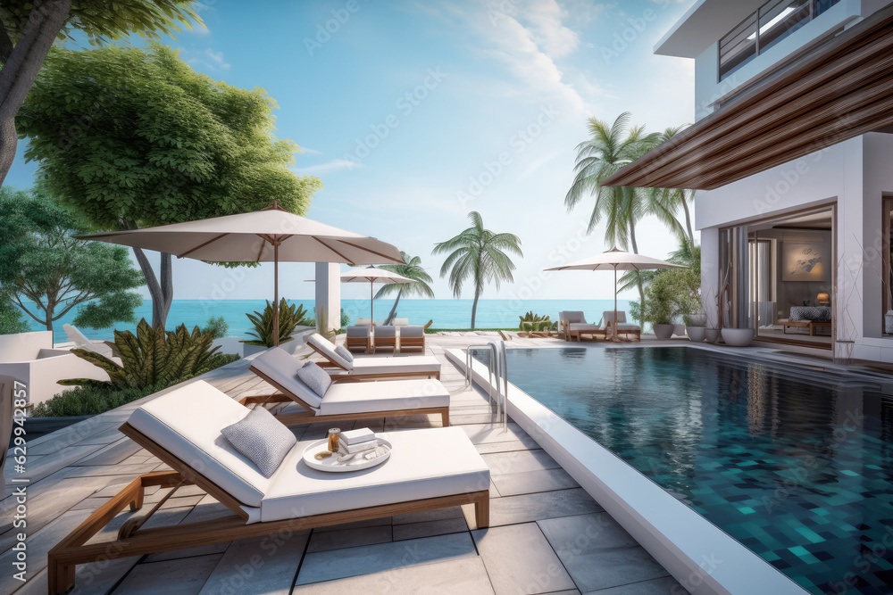 Fototapeta premium Modern and luxury Hotel lounge building architecture design concept, summer villa house residence and private with swimming pool and sea view, resort with space for sunbathing, with Generative Ai.