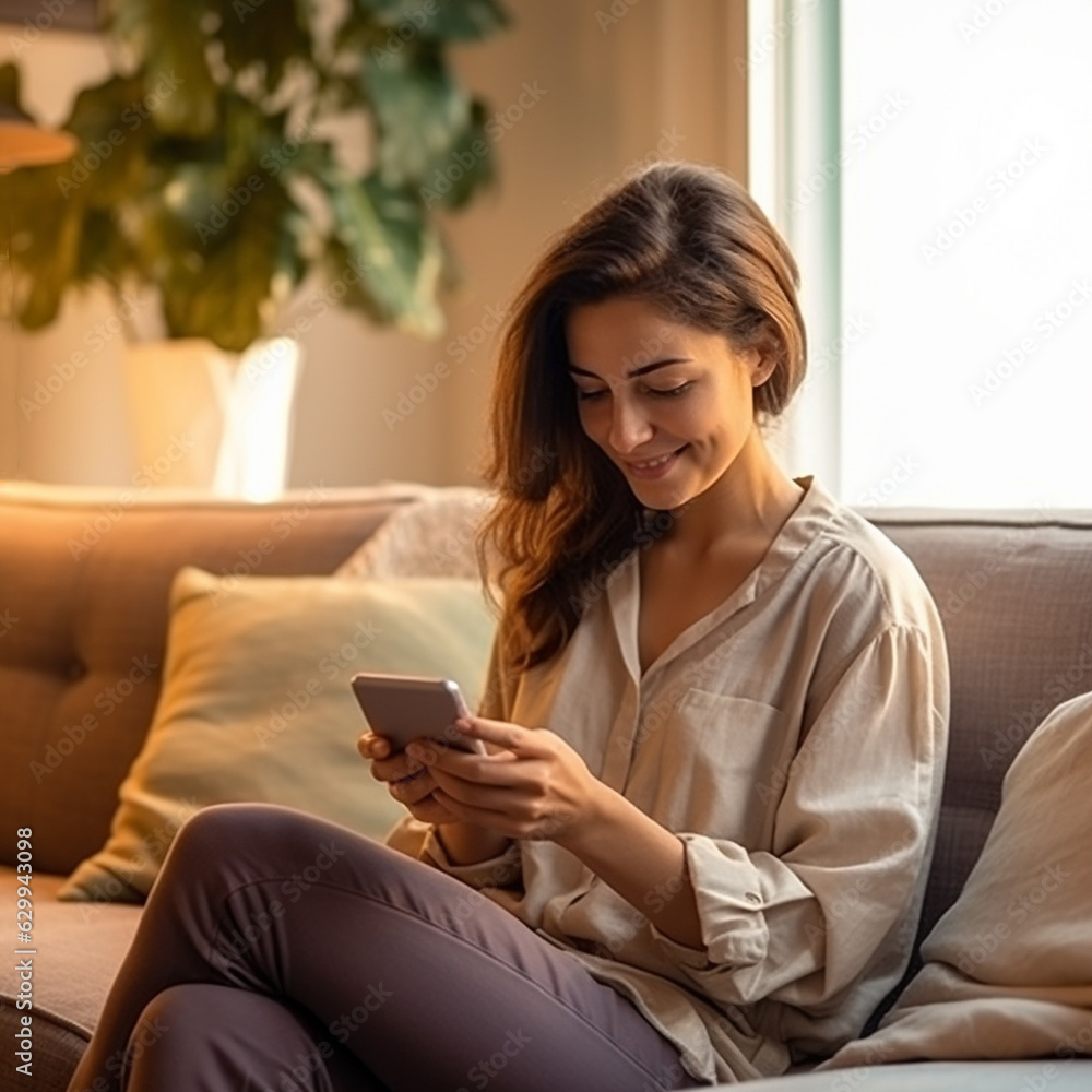 Woman relaxing at home with her smart phone. Woman relaxing at home with her smart phone.