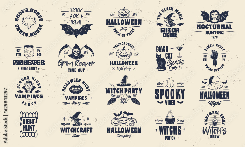 Vector set of signs and logos in Halloween style. Halloween logos set for poster, emblem, party invitation designs. Print for t-shirt, tee. 20 spooky logo designs.	