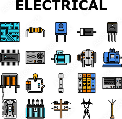 electrical engineer industry work icons set vector. technician technology, equipment engineering, industrial maintenance, service worker electrical engineer industry work color line illustrations