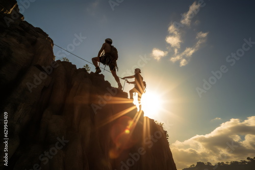 Photographie people rock climbing with sun flare on mountains with wide lens