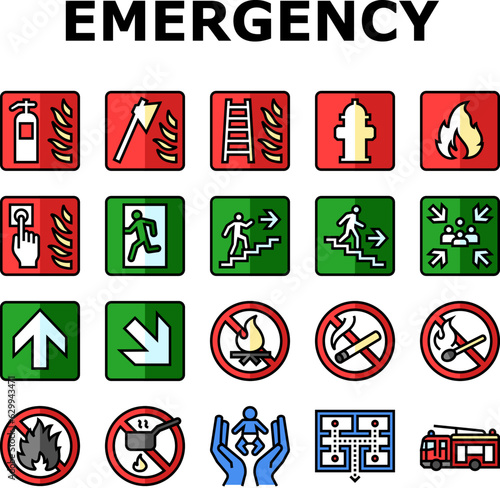 emergency safety security danger icons set vector. warning fire, caution rescue, alarm exit, attention red, notice evacuation emergency safety security danger color line illustrations