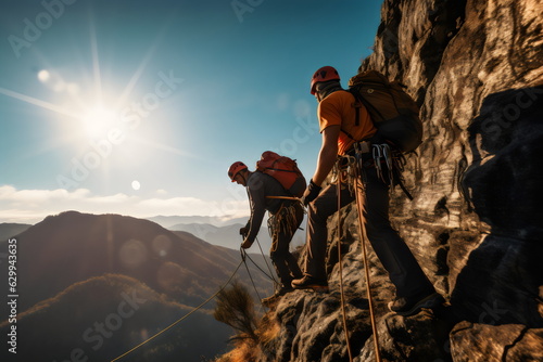 people climbing mountaineering with sun flare on mountains with wide lens