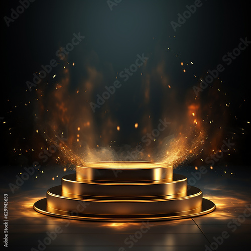Gold podium on dark background with smoke. Empty pedestal for award ceremony. Platform illuminated by spotlights. Made with generative ai