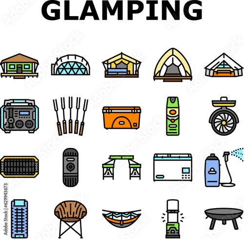 glamping tent nature luxury icons set vector. forest africa, barbecue glamour, camp, campfire bubble, chair beach, vacation glamping tent nature luxury color line illustrations