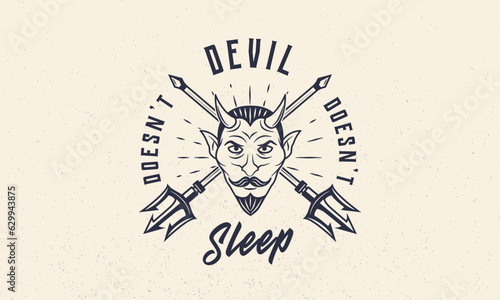 Halloween vintage label, logo. Devil doesn't sleep emblem with grunge texture. Devil vintage icon. Hipster design. Print for T-shirt. Vector illustration