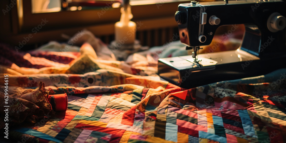 Creative workspace with a vibrant modern quilt in progress, fabric scraps scattered around, detail of sewing machine, warm, inviting, soft lighting